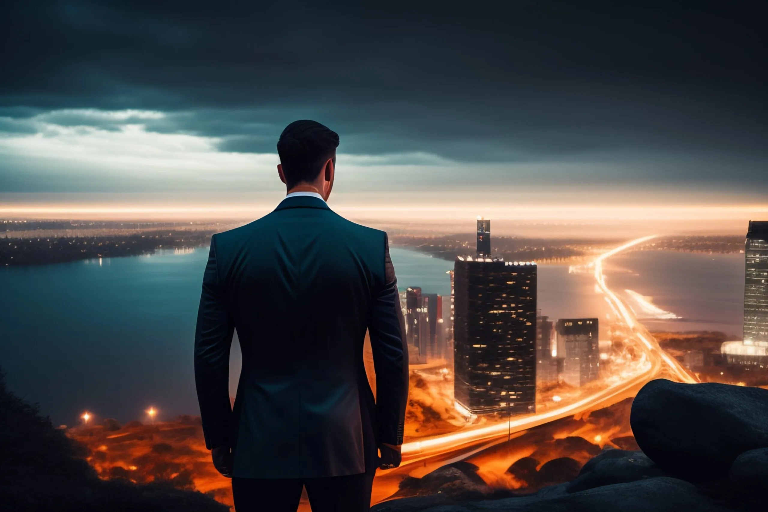 Business leader overlooking a glowing city skyline at dusk
