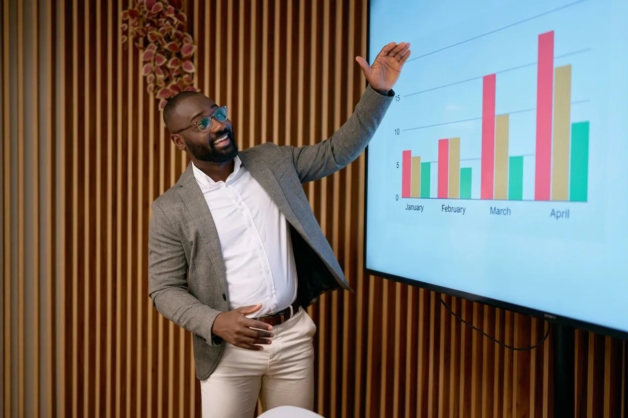 Smiling businessman presenting a bar chart of rising monthly figures on a wall screen