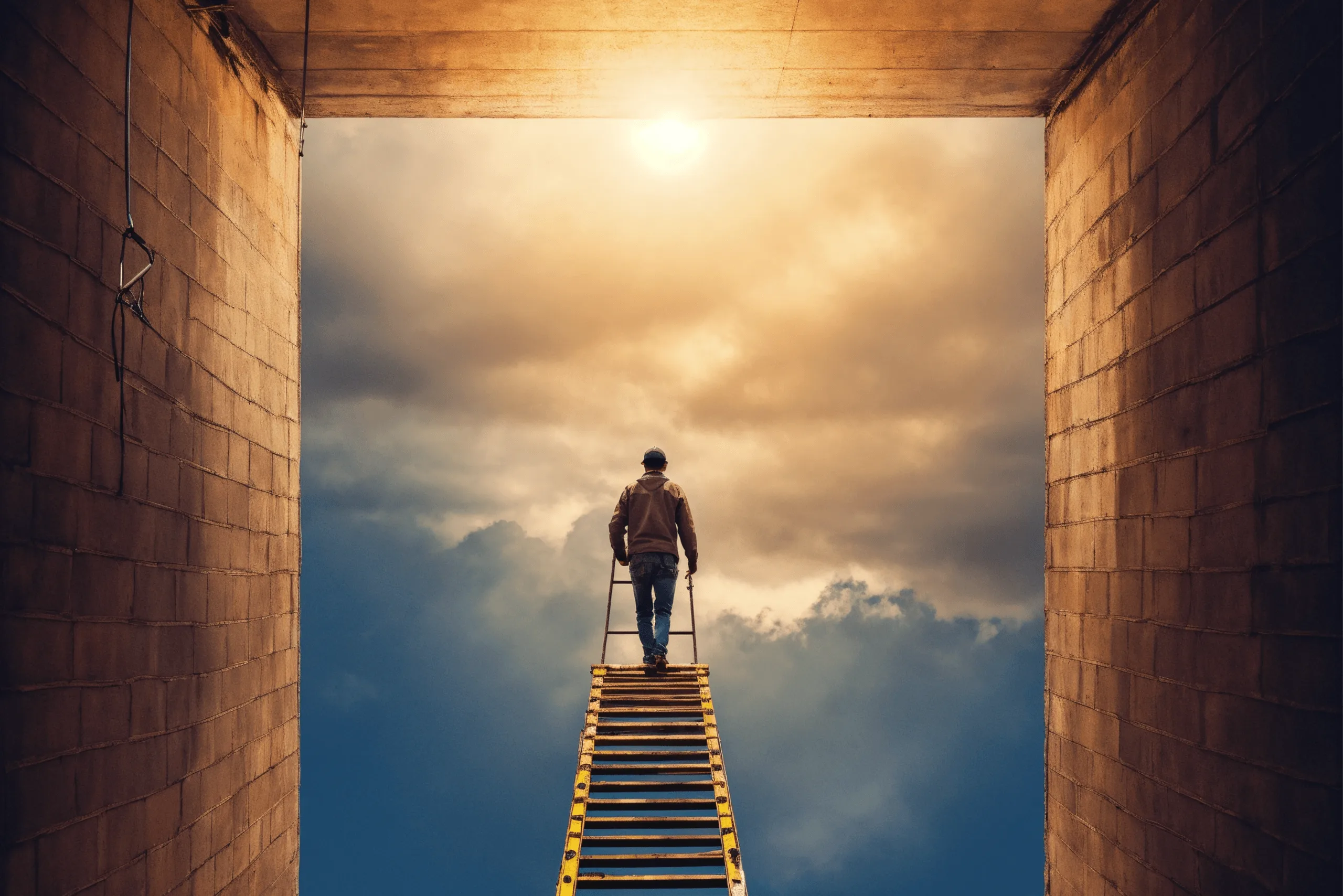 Man climbing a ladder out of a dark courtyard toward an open, sunlit sky