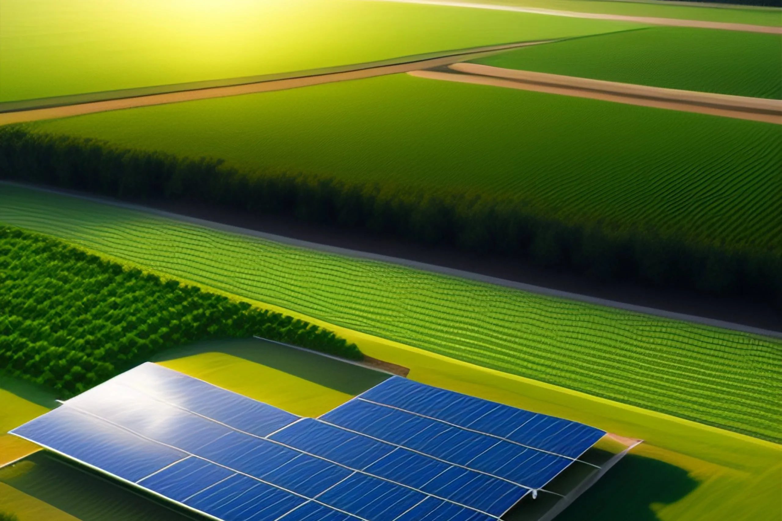 Aerial view of green farmland with solar panels at sunrise