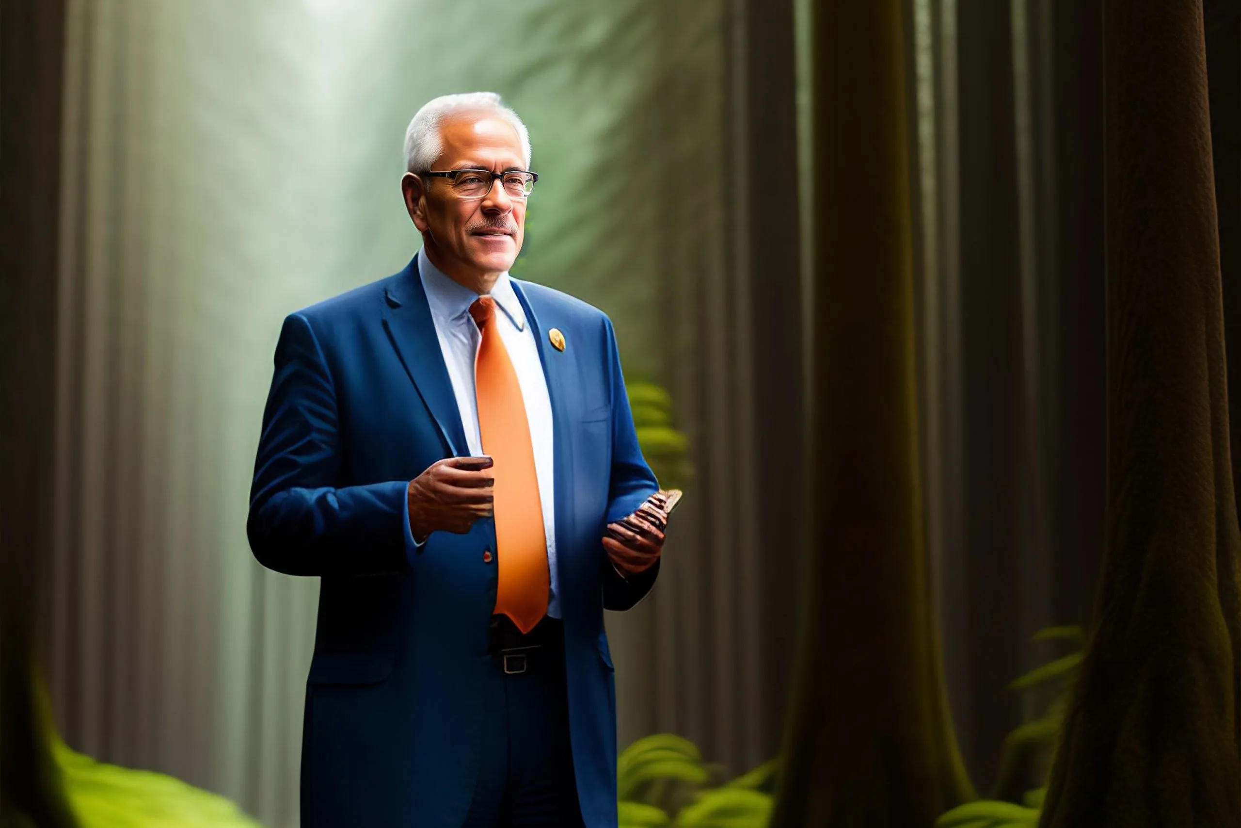 Senior board executive in a suit standing among tall forest trees