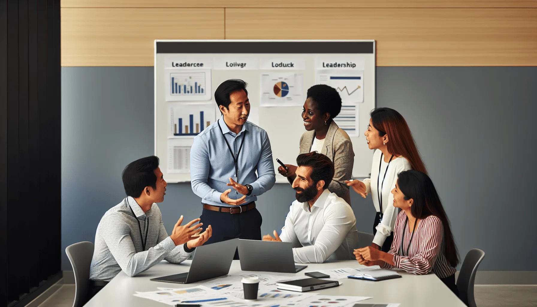 Diverse team debating leadership principles around a whiteboard of charts