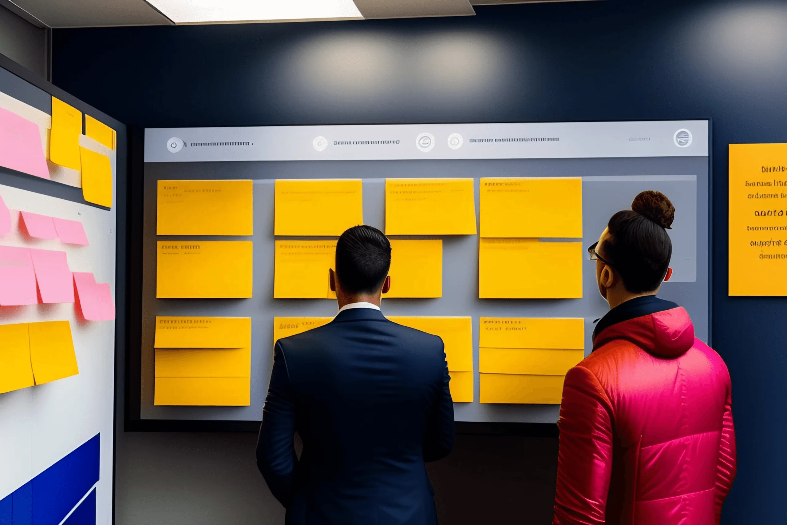 Two colleagues reviewing a task board covered in sticky notes