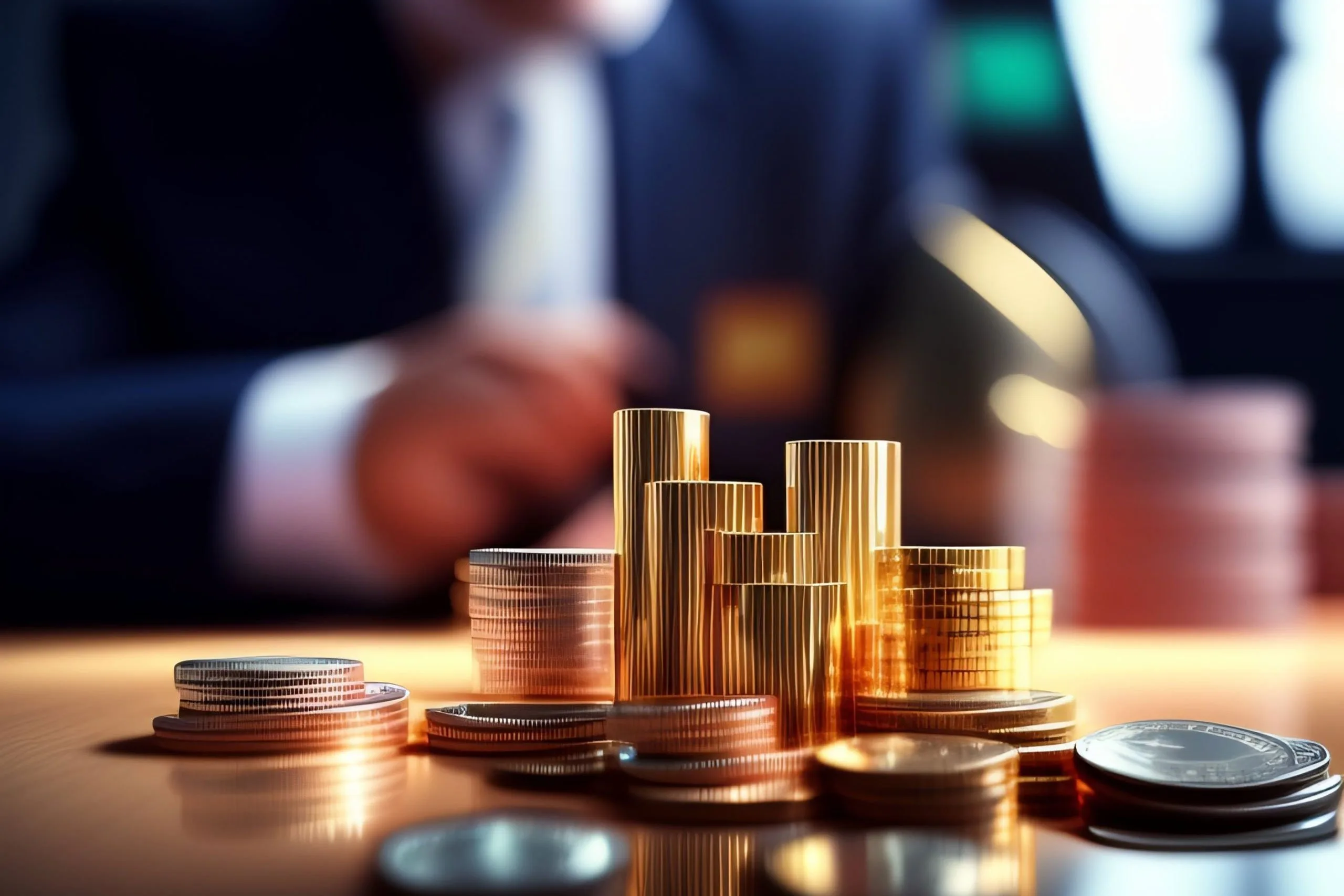 Stacks of coins rising on a table in front of a business meeting
