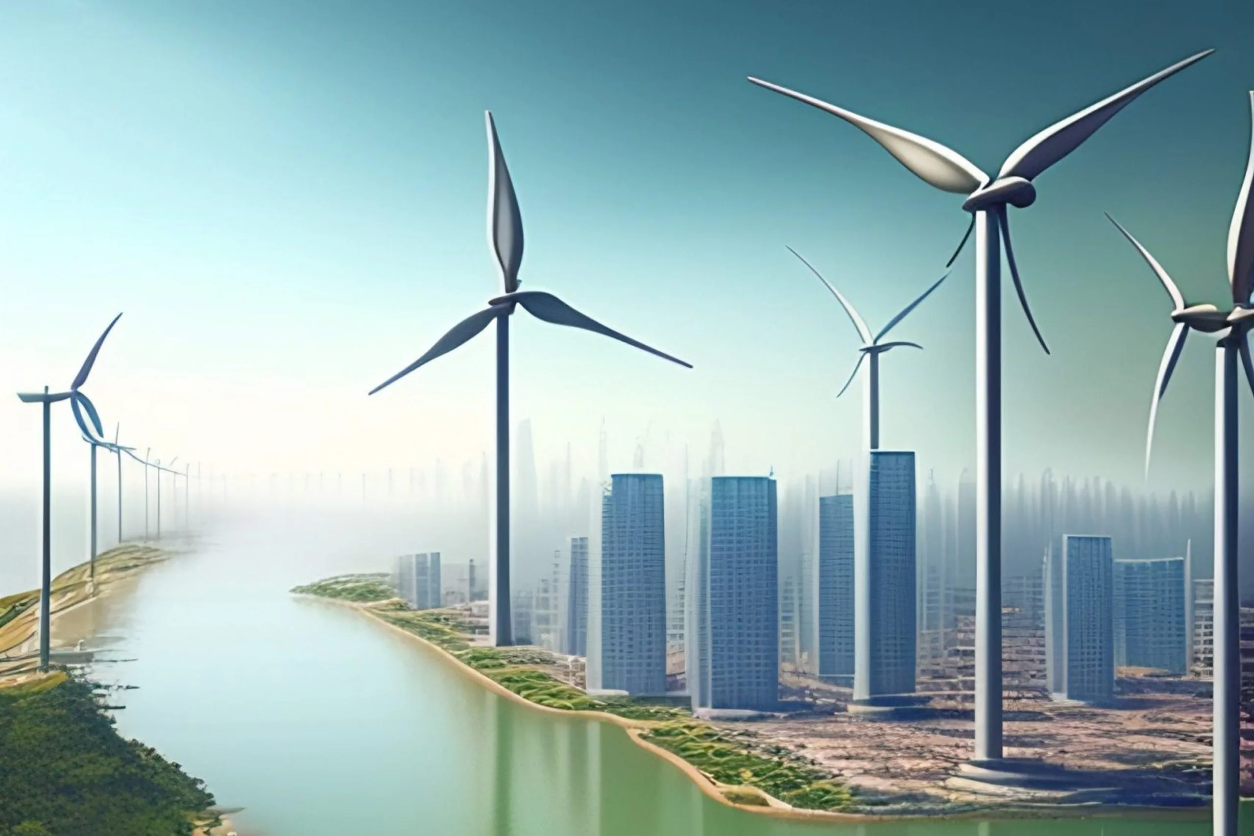 Wind turbines towering over a high-rise city skyline by a river