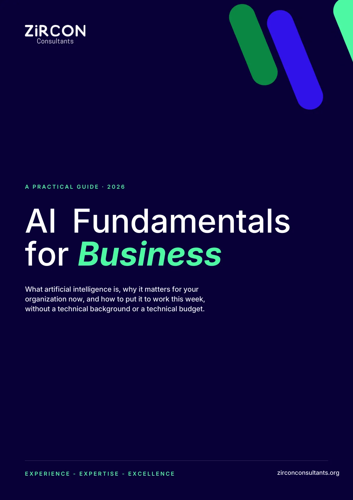 Cover of the AI Fundamentals for Business guide: white title on deep navy, with green and violet diagonal strokes