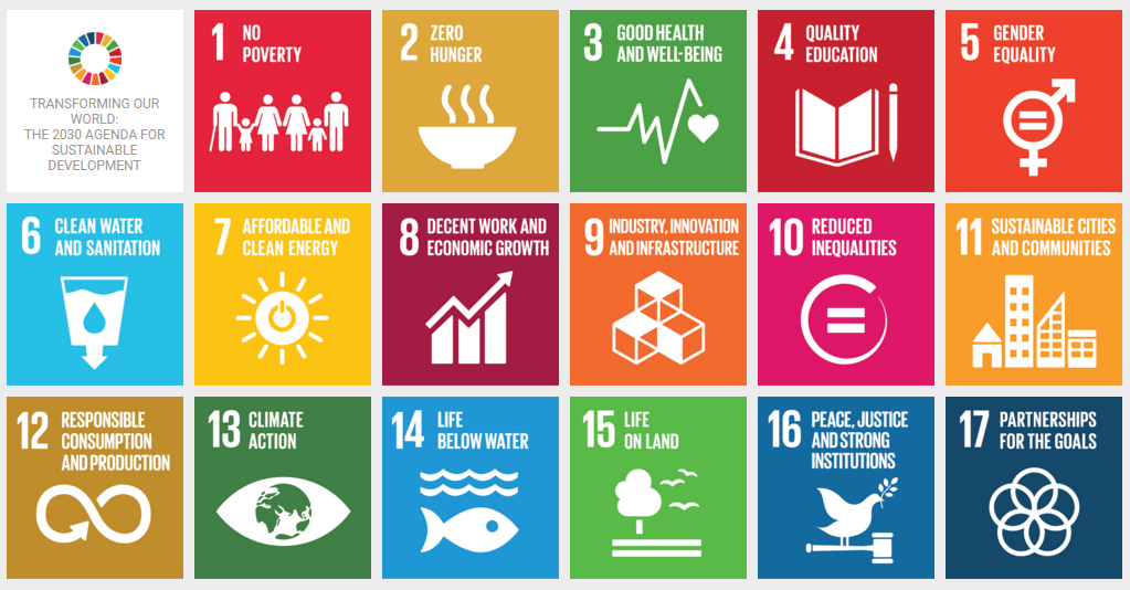 Grid of the seventeen UN Sustainable Development Goal icons, from No Poverty and Zero Hunger through Climate Action to Partnerships for the Goals